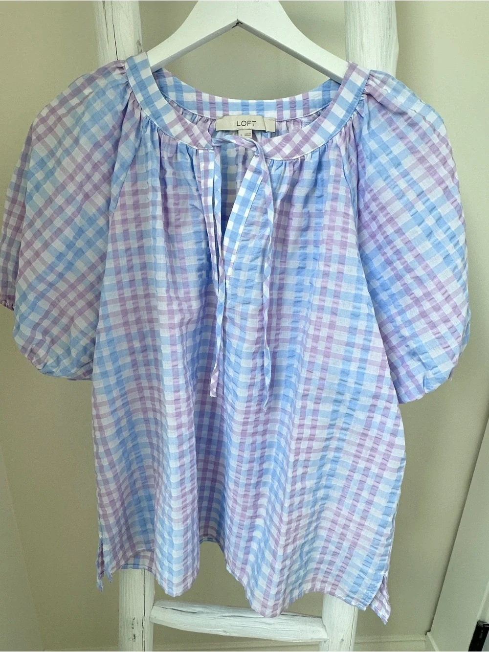 LOFT Lavender & Light Blue Gingham Puff-Sleeve Peasant Blouse Size Large